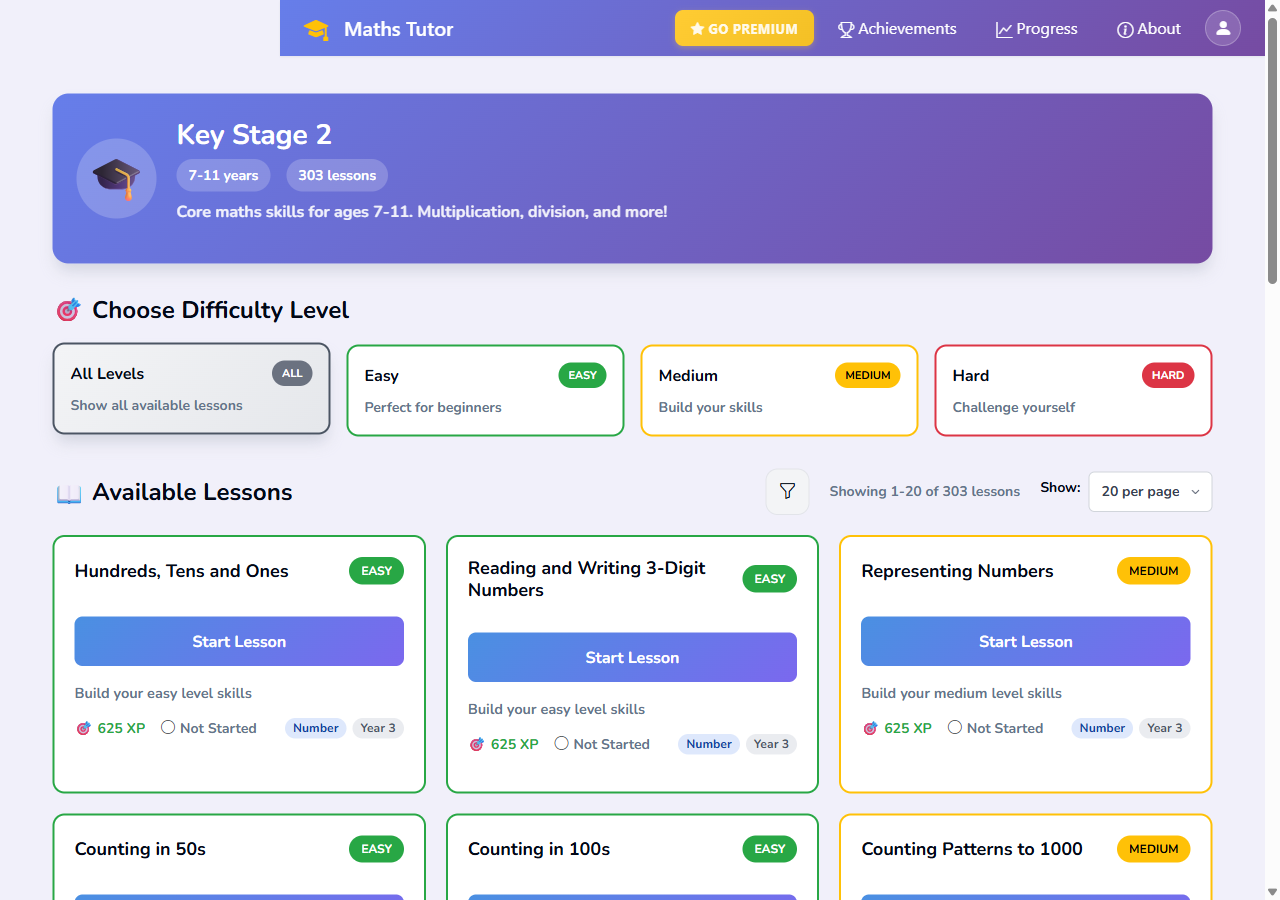 MathsTutor app showing Key Stage 2 lessons with difficulty levels, XP rewards, and interactive maths exercises